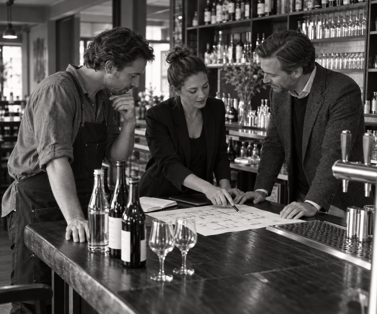 Projektplanung, Getränkeauswahl und persönliche Zusammenarbeit Gemeinsame Gastronomieplanung an einer Bar mit Getränkeauswahl und Grundriss – KI-generiertes Symbolbild