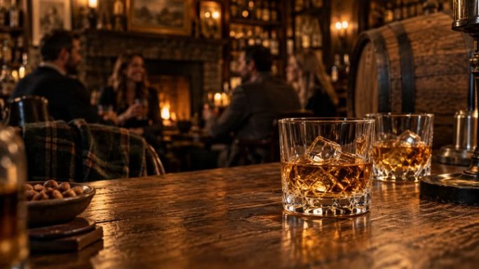 Whiskygläser auf einem Bartresen in warmer Baratmosphäre.