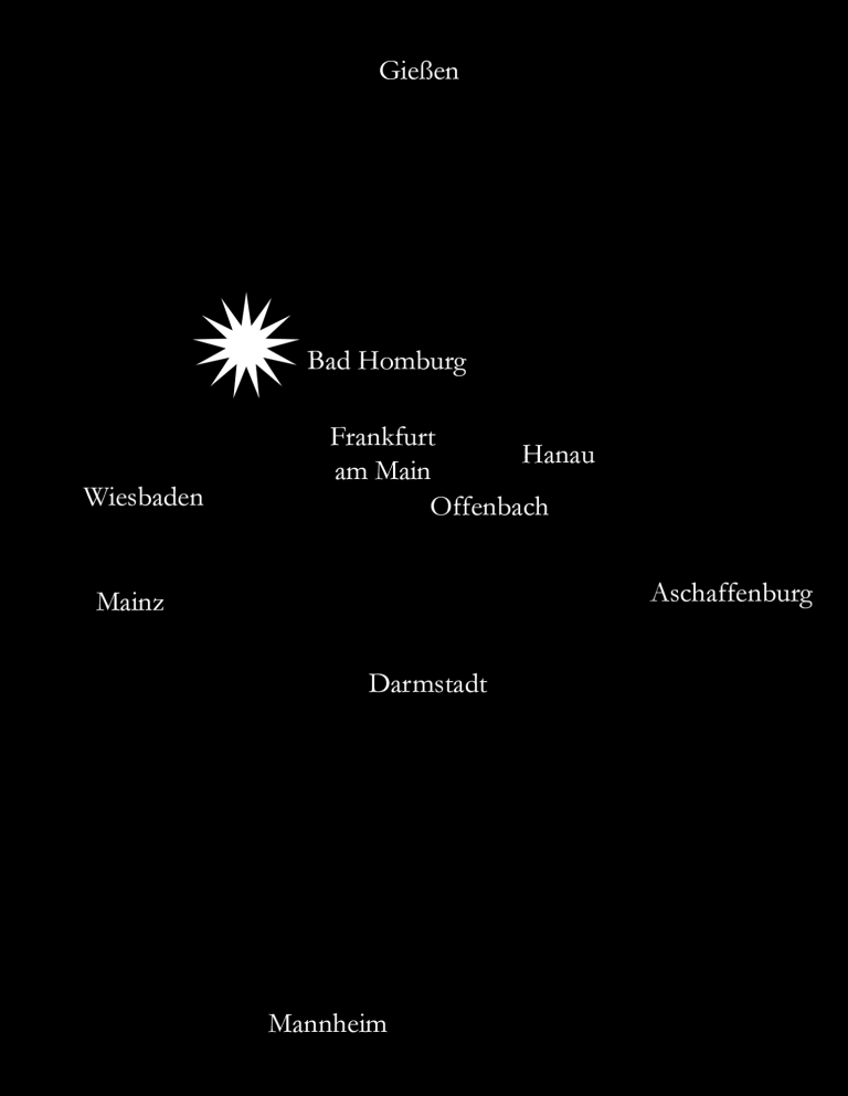 Schematische Übersicht des Liefergebiets von drinks unlimited: Frankfurt, Taunus und Rhein-Main mit ausgewählten Städten.